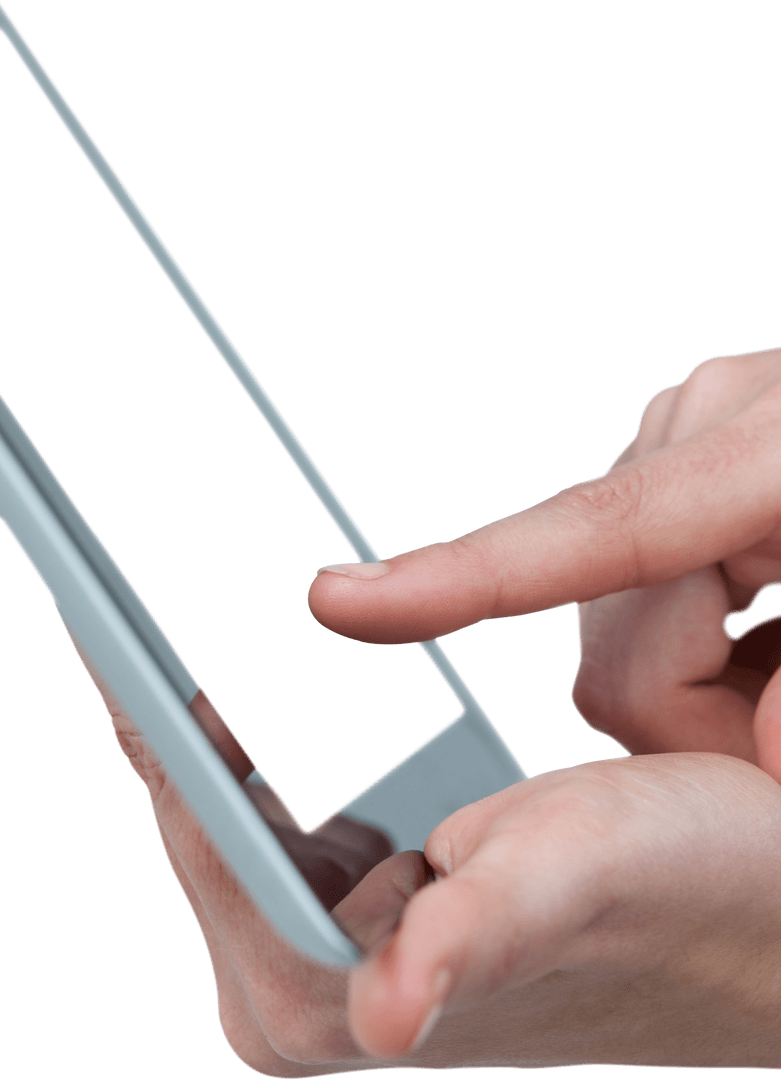 Hands Interacting with Tablet Screen on Transparent Background