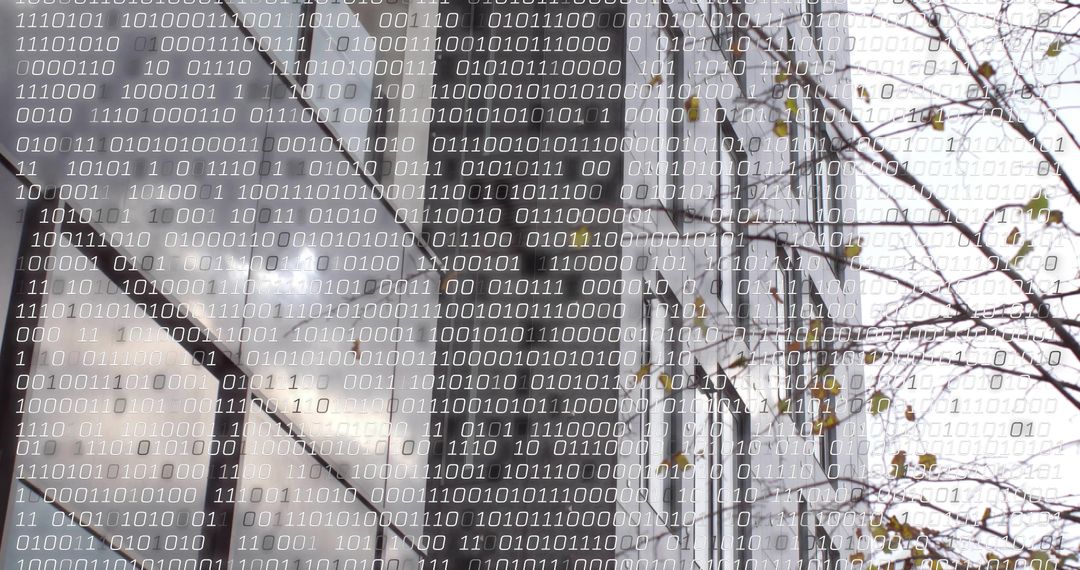 Binary Code Overlay on Modern Glass Building