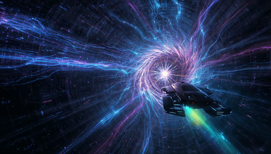 Sleek Spacecraft Navigating Hyperspace Wormhole