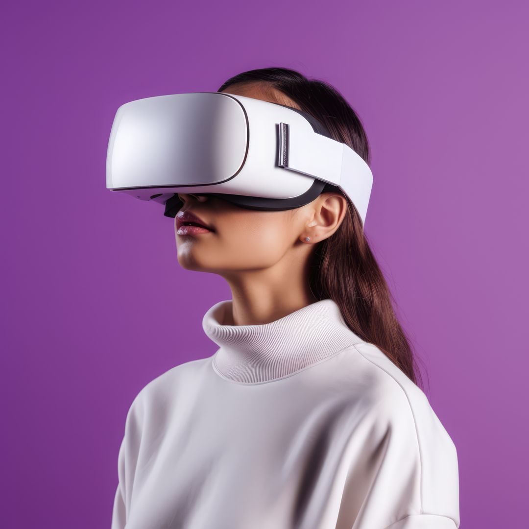 Caucasian woman wearing vr ar headset on purple background, created using generative ai technology - Free Images, Stock Photos and Pictures on Pikwizard.com