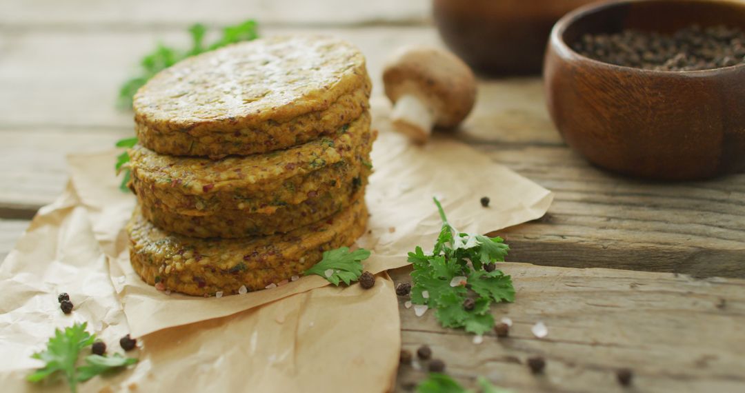 Vegan Mushroom Patties Stacked on Rustic Wooden Table - Free Images, Stock Photos and Pictures on Pikwizard.com