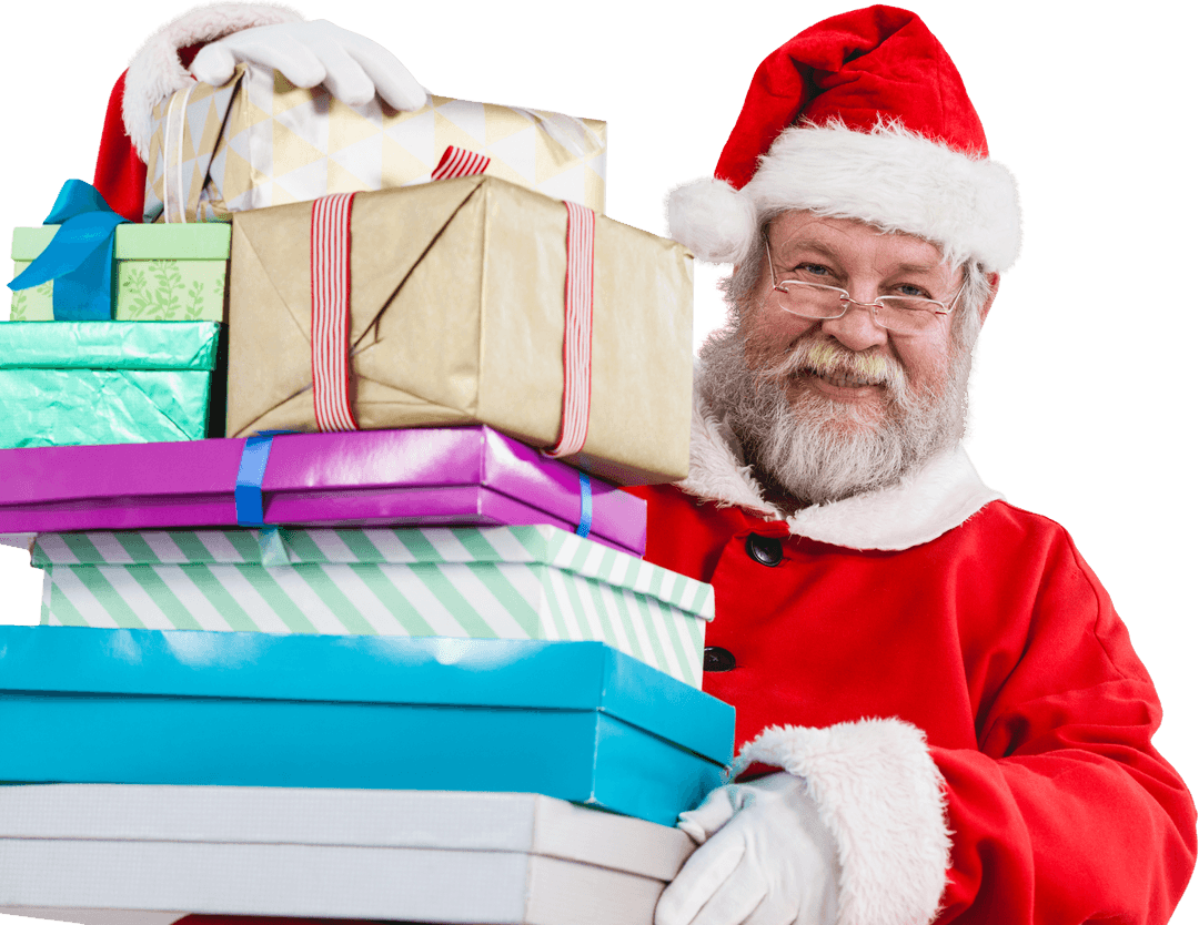 Transparent Santa Claus Holding Variety of Gift Boxes