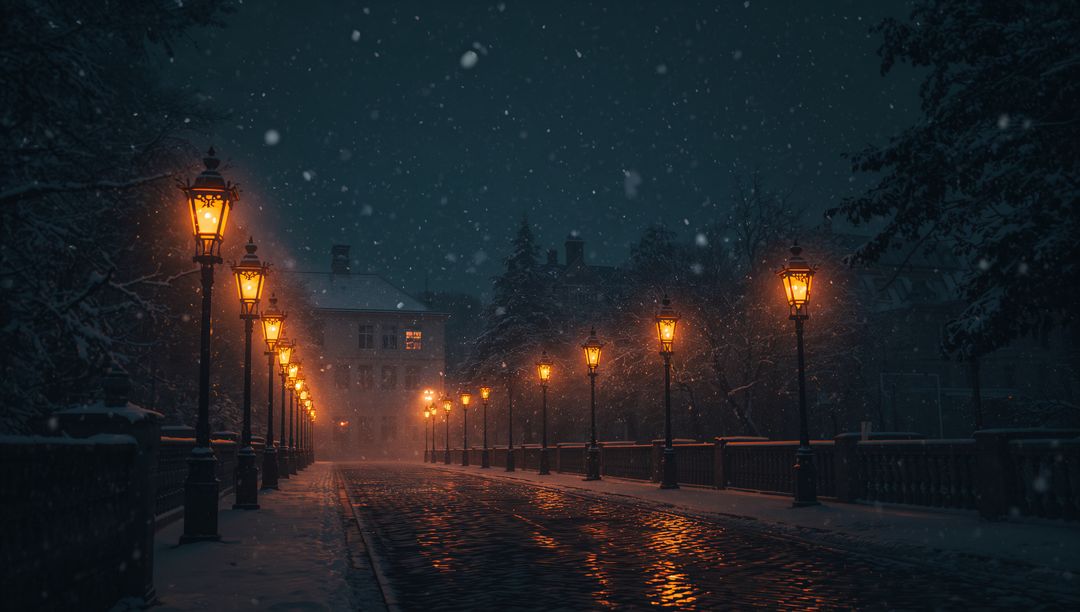 Vintage Lampposts Casting Amber Glow on Snowy Cobblestone Bridge with Wet Reflections at Night