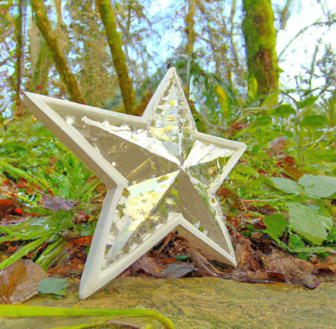 Image of gold five arm star in amongst trees in forest - Free Images, Stock Photos and Pictures on Pikwizard.com
