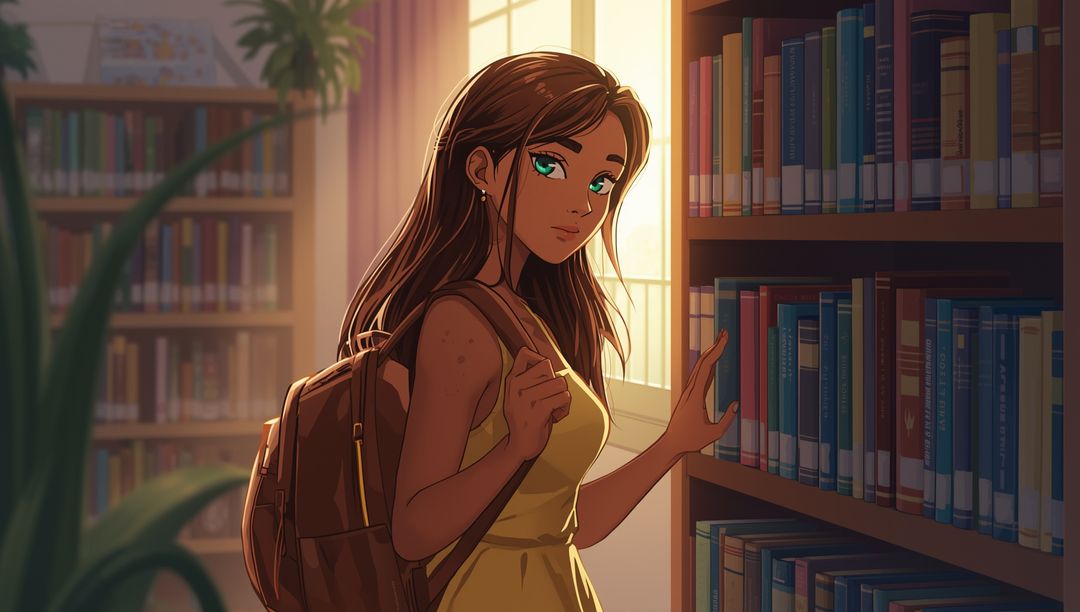 Young Woman Exploring Library Aisle for Literature
