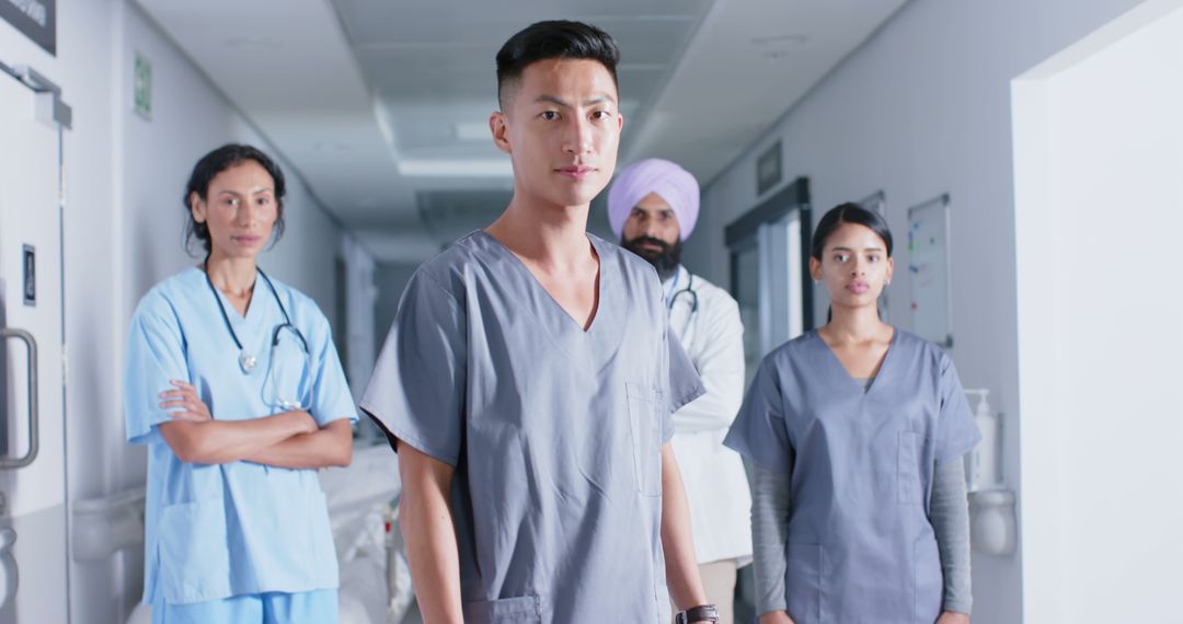 Confident Multiracial Medical Team Standing in Hospital Corridor - Free Images, Stock Photos and Pictures on Pikwizard.com