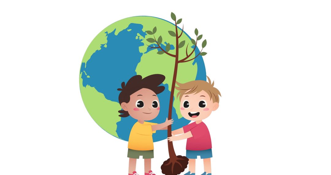 Children Planting Tree with Earth Symbol