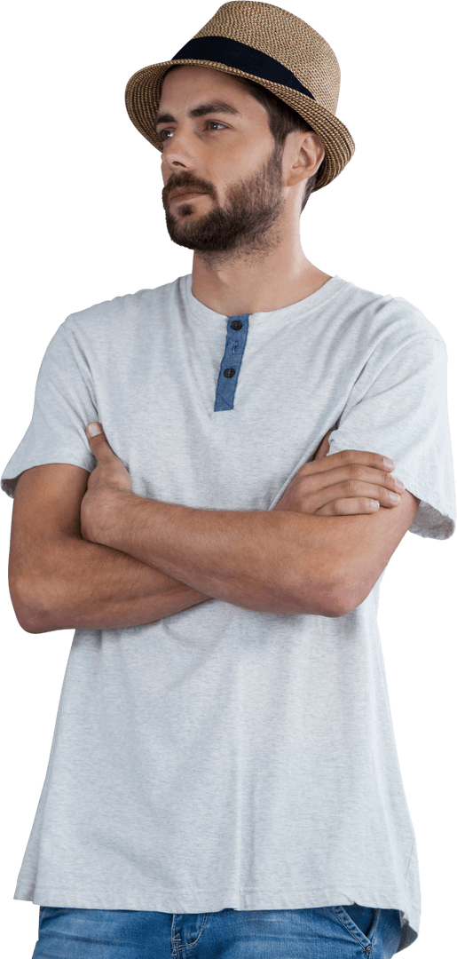 Thoughtful Man in Straw Hat with Transparent Background