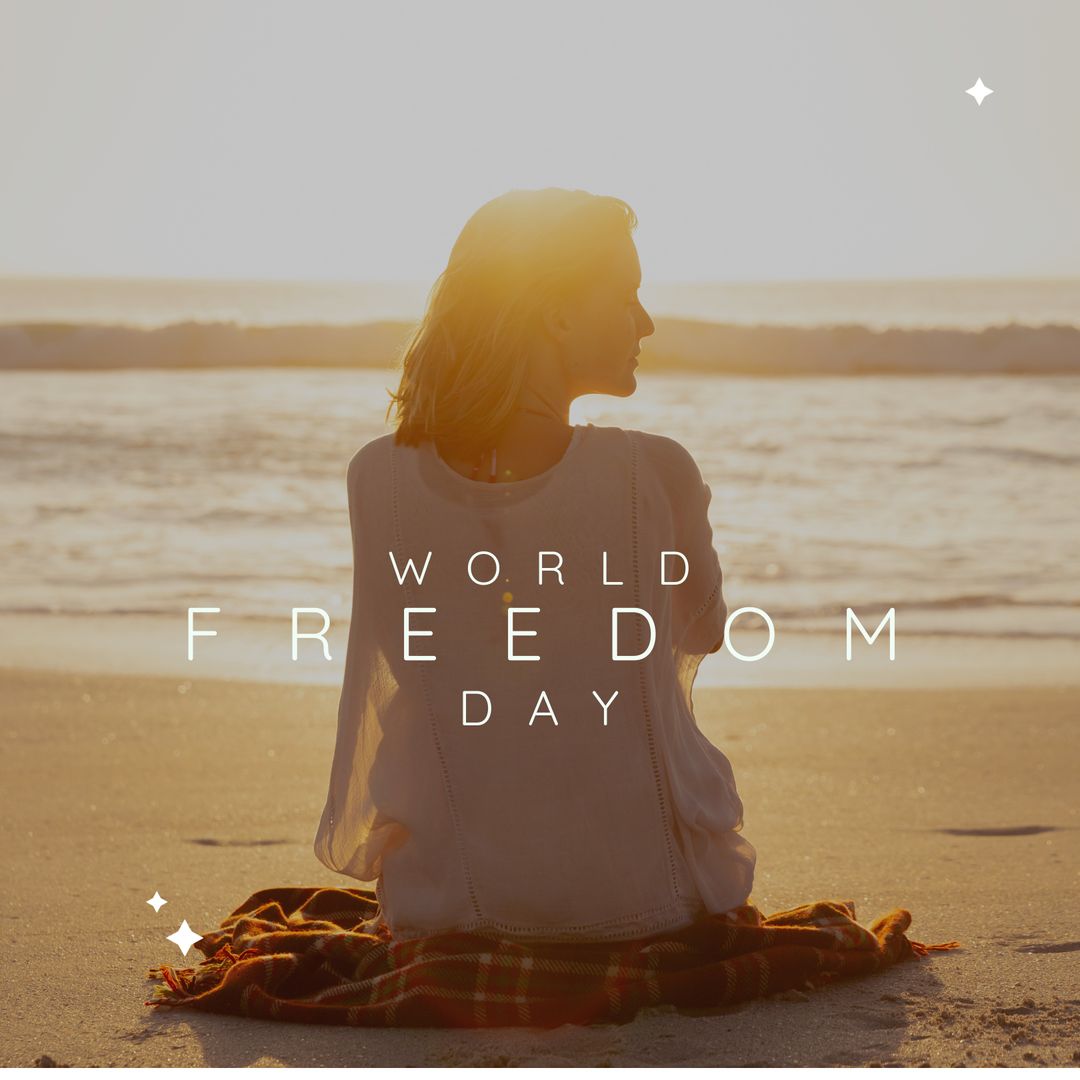 Serene Woman Enjoying Sunset on World Freedom Day at Beach