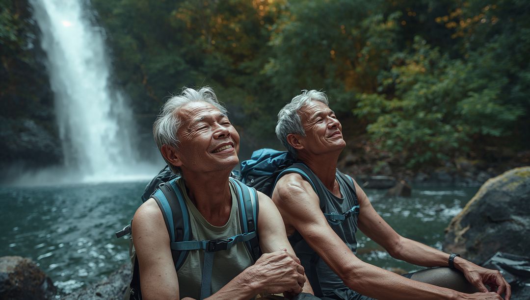 Senior Hikers Smiling by Waterfall Pool, Relaxing After Hike, Enjoying Nature Together