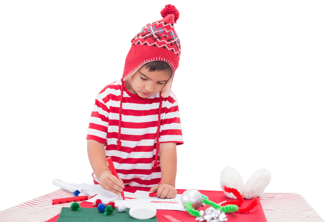 Caucasian Boy Creating Art Wearing Red Winter Hat, Isolated Transparent Background