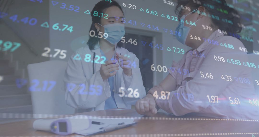 Asian Doctor and Patient Consult with Financial Data Overlay
