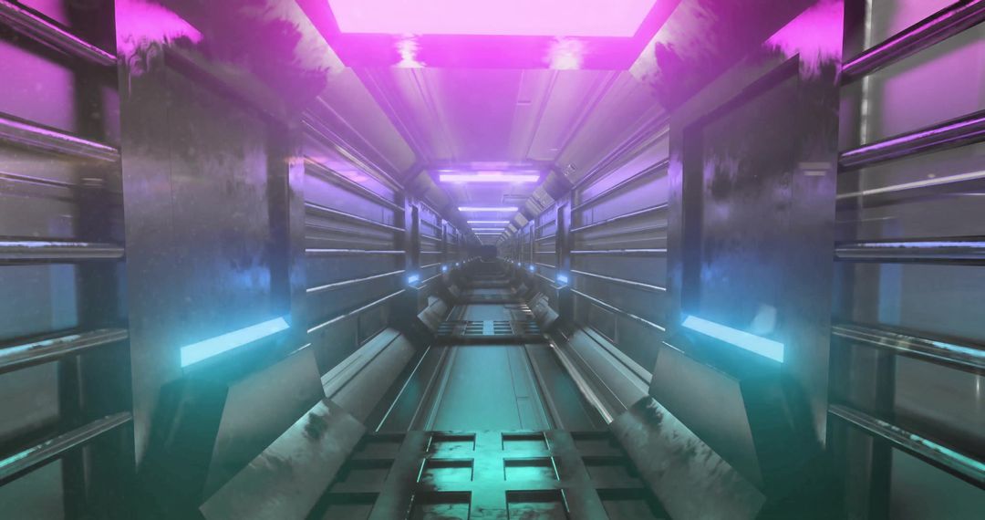 Futuristic Tunnel with Vibrant Neon Lighting and Metallic Walls