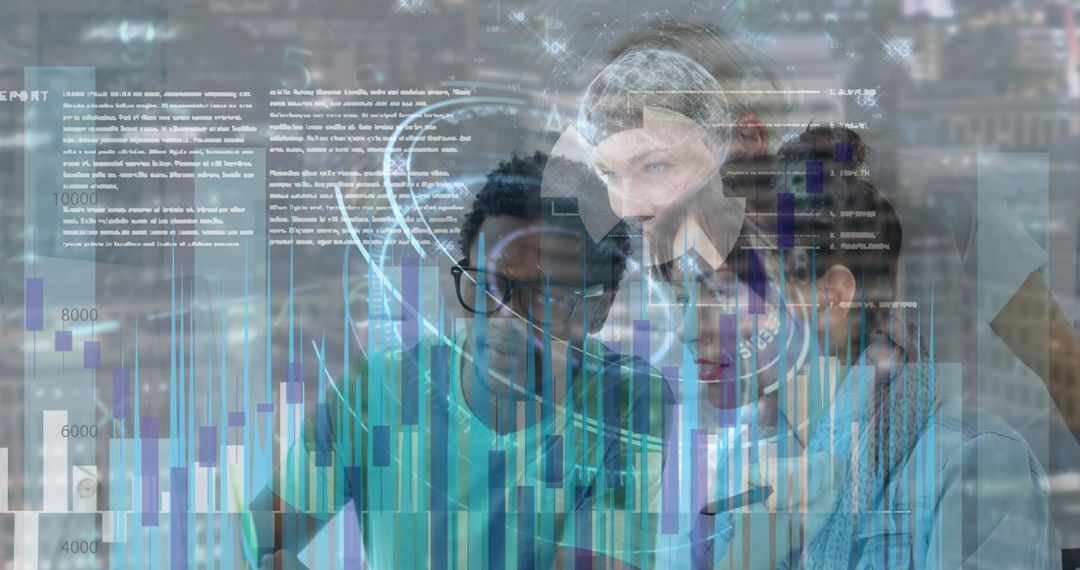 Colleagues Analyzing Financial Data with Technological Overlays