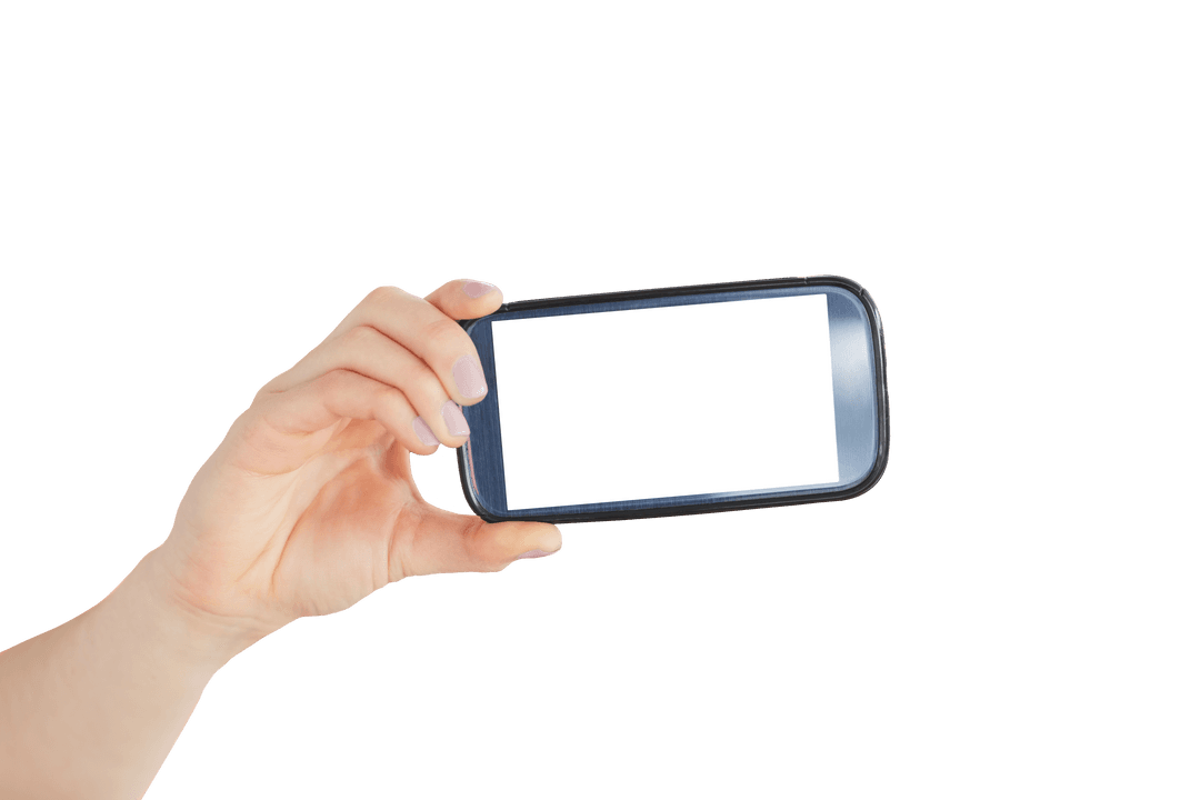Hand Holding Smartphone Displaying White Screen on Transparent Background