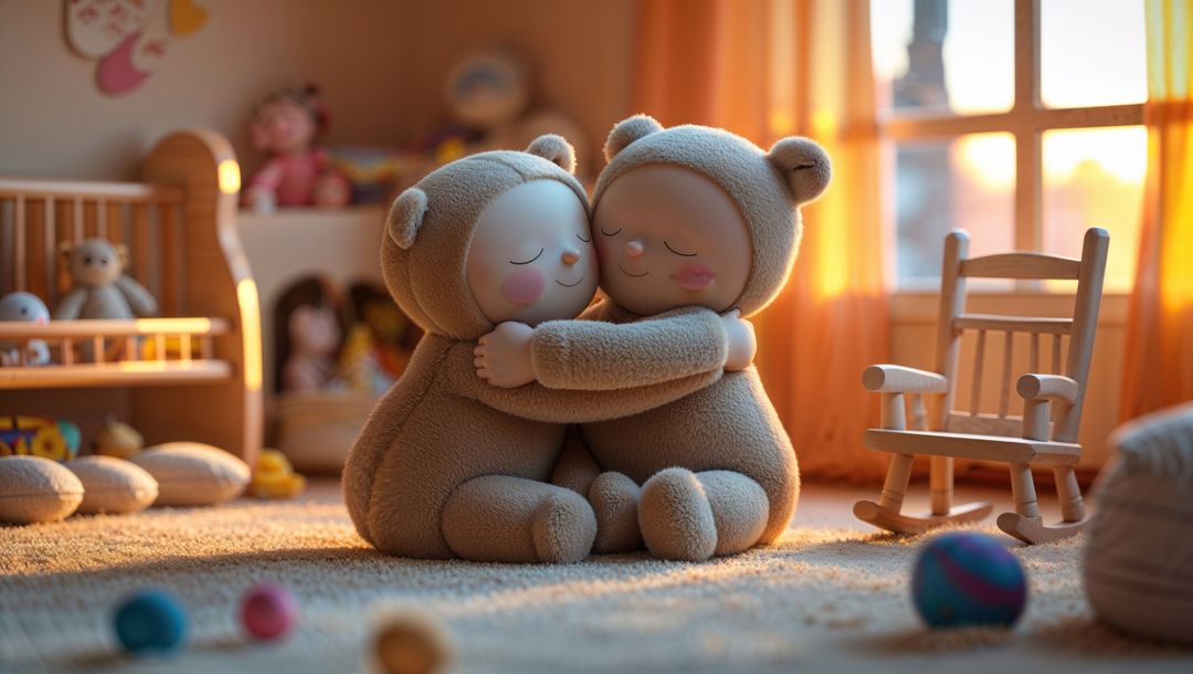 Hugging Plush Bear Costumed Dolls in Cozy Nursery Setting