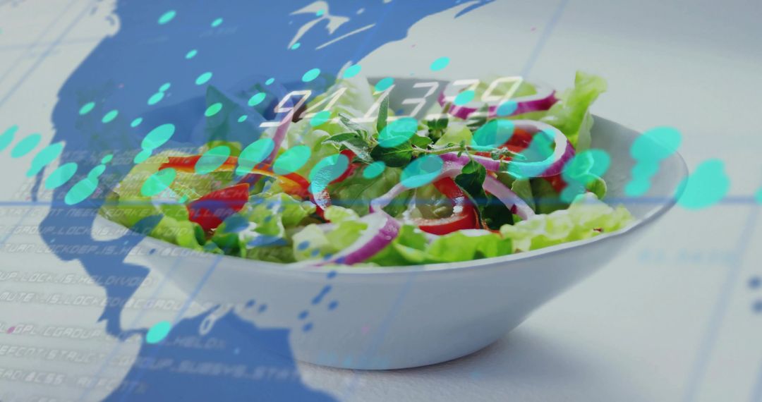 Fresh Mixed Greens Salad with Blue Data Overlay for Nutrition and Health Visual