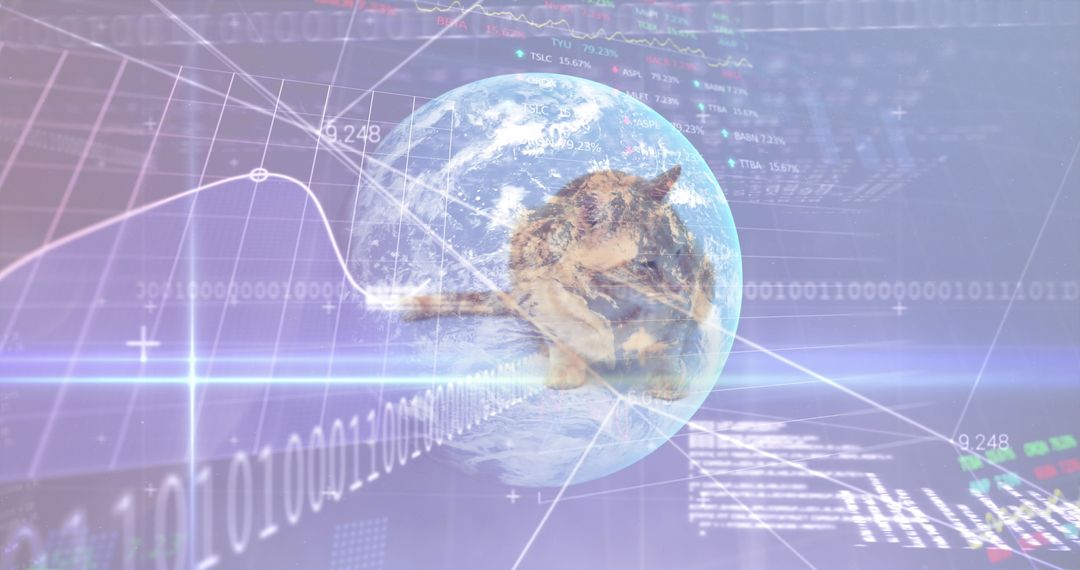 Cat Atop Digital Globe Amidst Data Streams and Graphs
