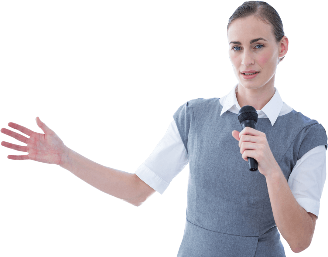 Confident Businesswoman Speaking with Microphone On Transparent Background