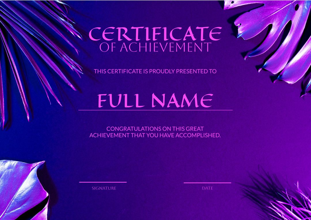 Certificate of Achievement with Elegant Purple and Silver Foliage Design - Download Free Stock Templates Pikwizard.com