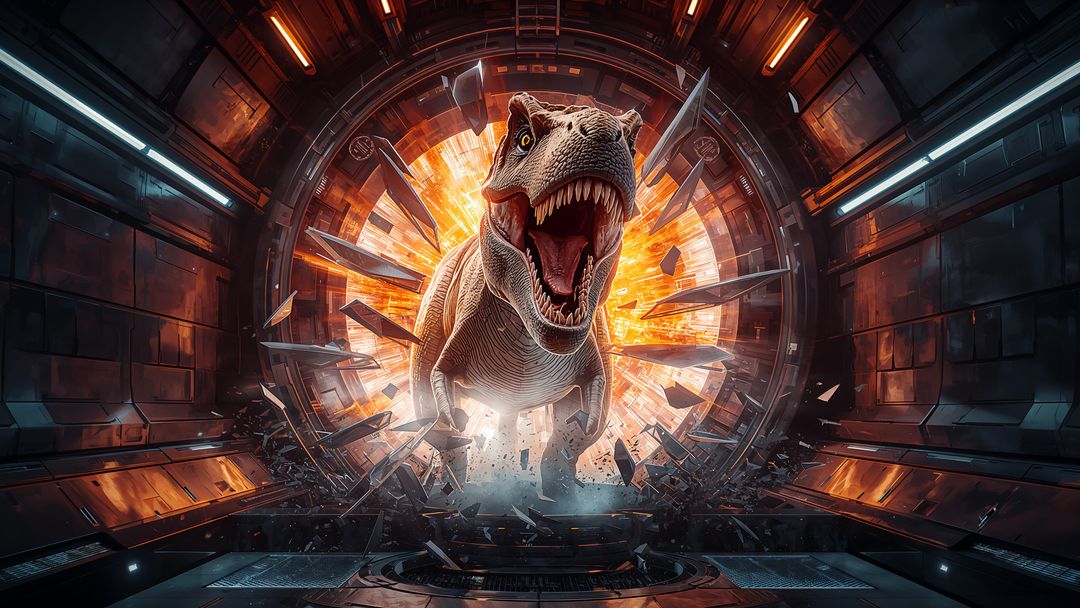 T-Rex Emerging from Futuristic Portal in Spaceship Corridor