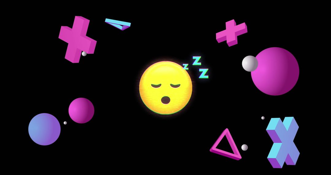 Sleepy Emoji Surrounded by Bold Geometric Shapes on Black Background