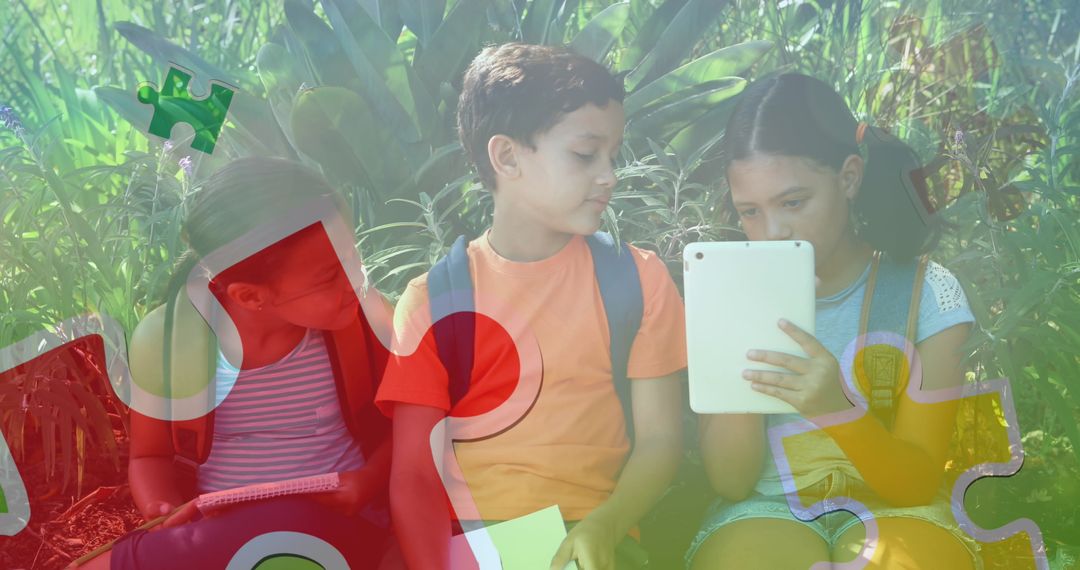 Children Using Tablets with Overlay of Colorful Puzzle Pieces