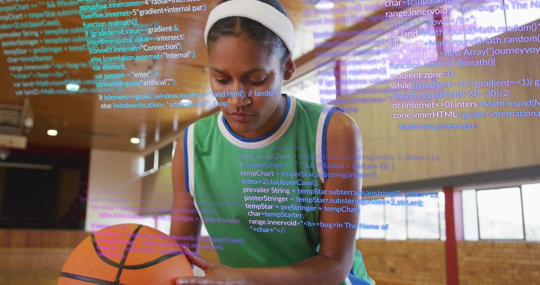 Woman Basketball Player Merging Sports and Technology in Gym