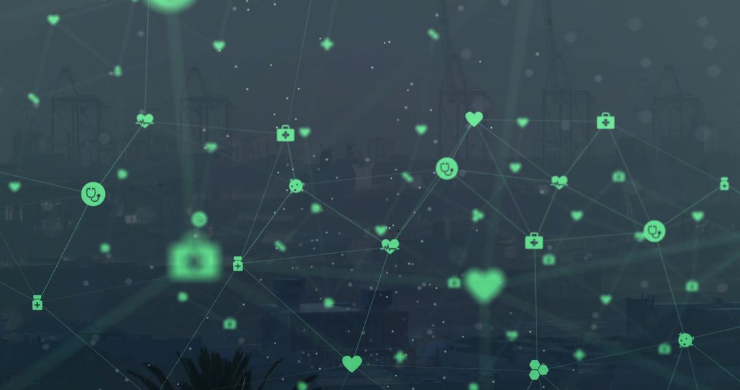 Digital Medical Network Over an Urban Landscape at Dusk