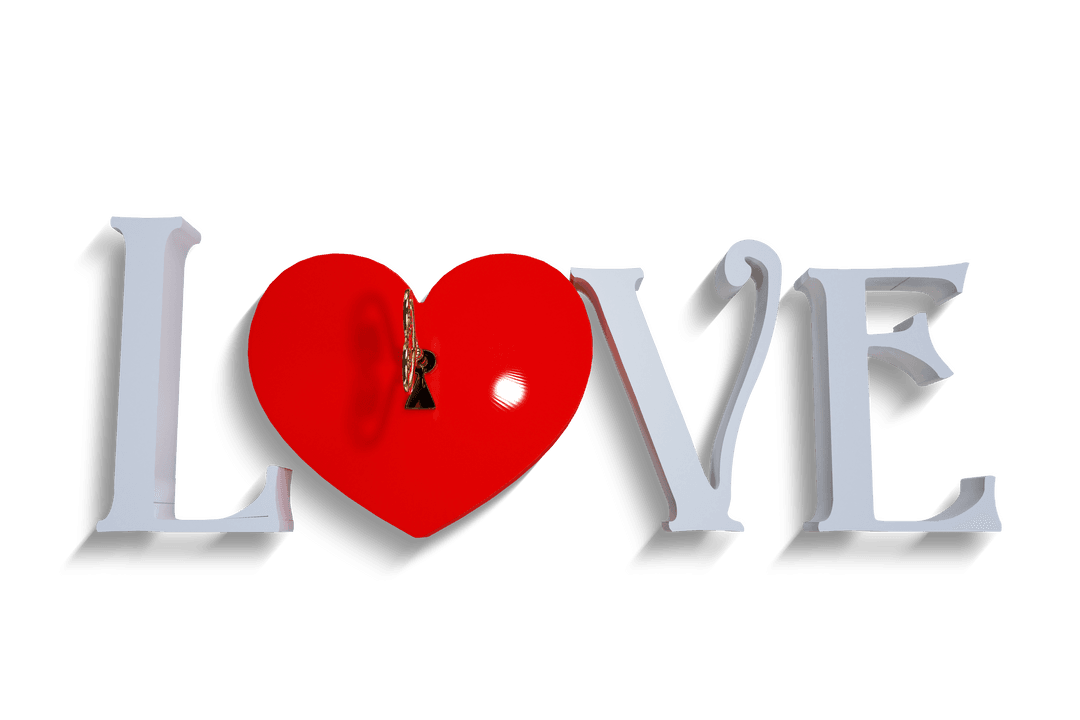 Transparent Love Text with Red Heart and Key Graphic