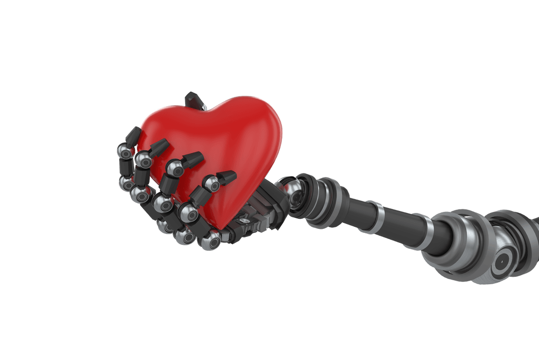 Robotic Hand Holding Red Heart on Transparent Background