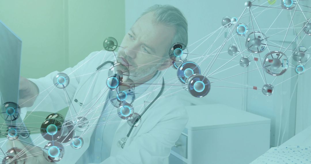 Doctor Using Tablet with Molecular Network Overlay Representing Precision Medicine Tech