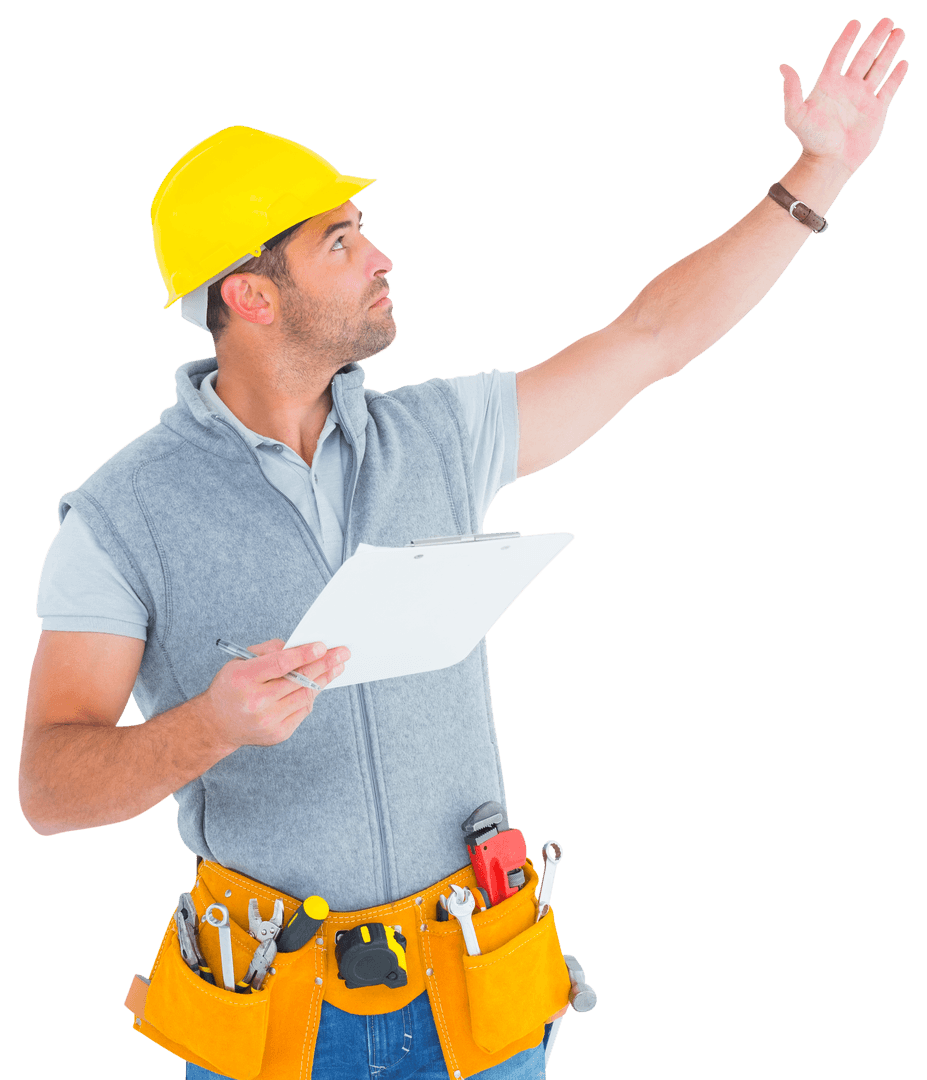 Transparent Construction Supervisor Holding Clipboard Raising Hand