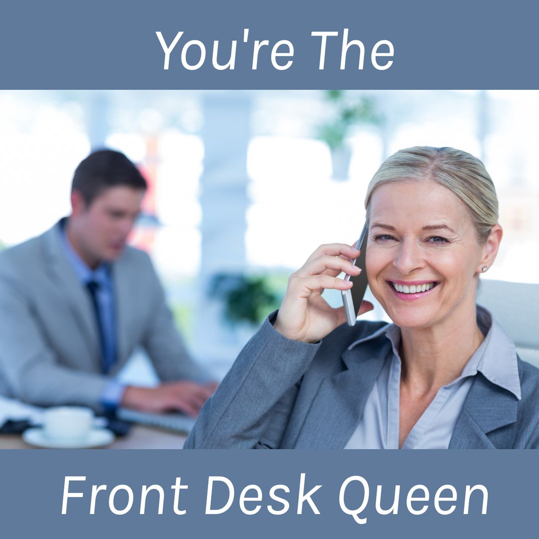 Composition of you're the front desk queen text over caucasian businesswoman using smartphone - Download Free Stock Templates Pikwizard.com