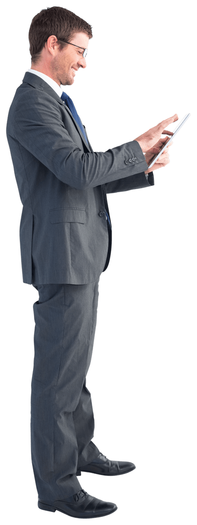 Transparent Smiling Businessman Using Tablet in Formal Suit
