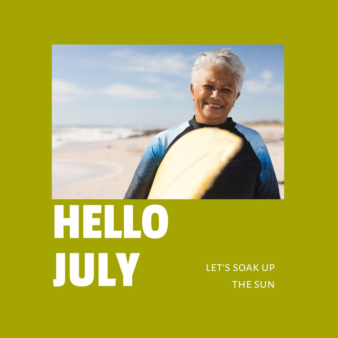 Joyful Senior Woman Surfing in July Tidal Waters
