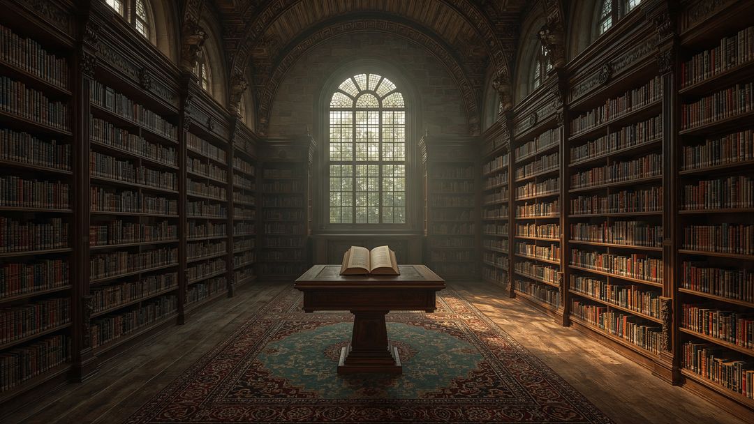 Vintage Library Hall with Open Book on Pedestal