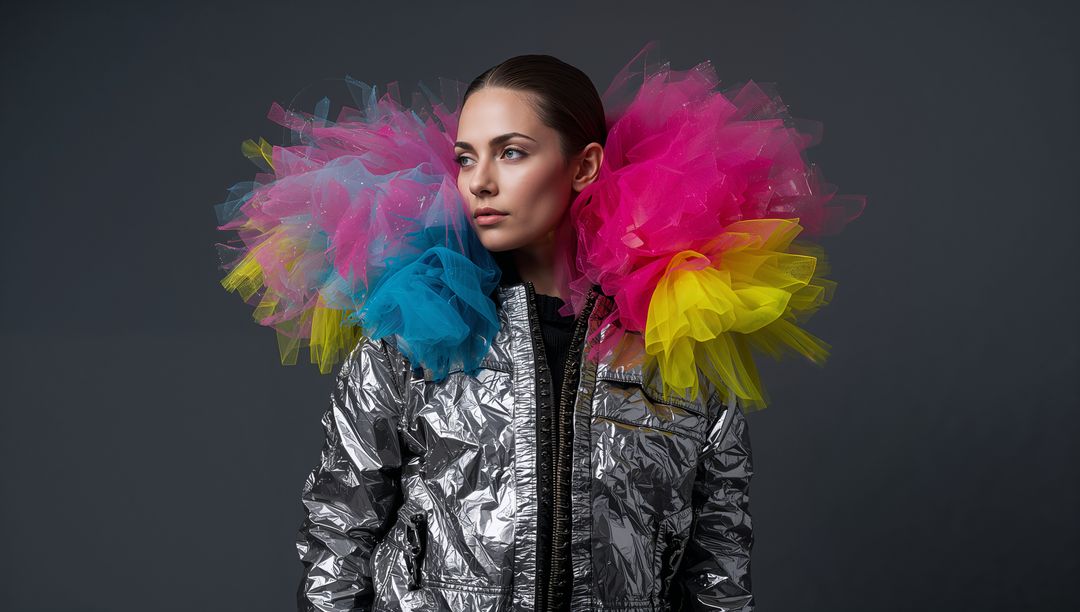Posing model in reflective silver puffer jacket with neon tulle ruff for couture portrait