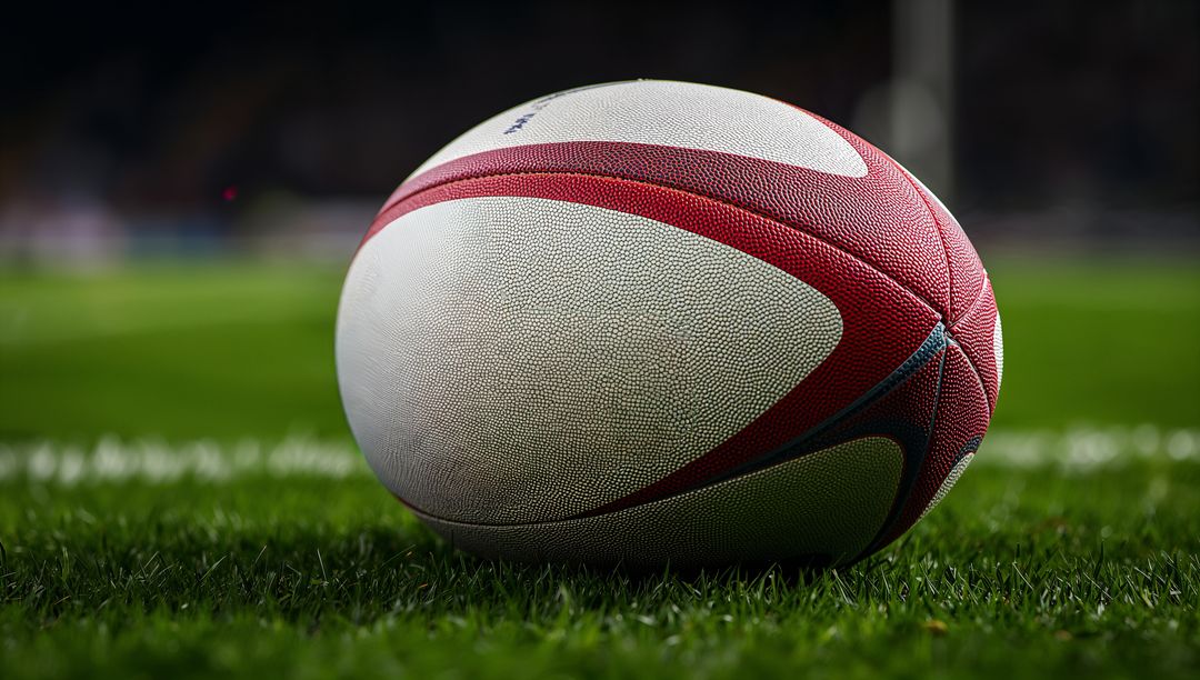 Close-Up of Rugby Ball on Stadium Field Under Stadium Lights