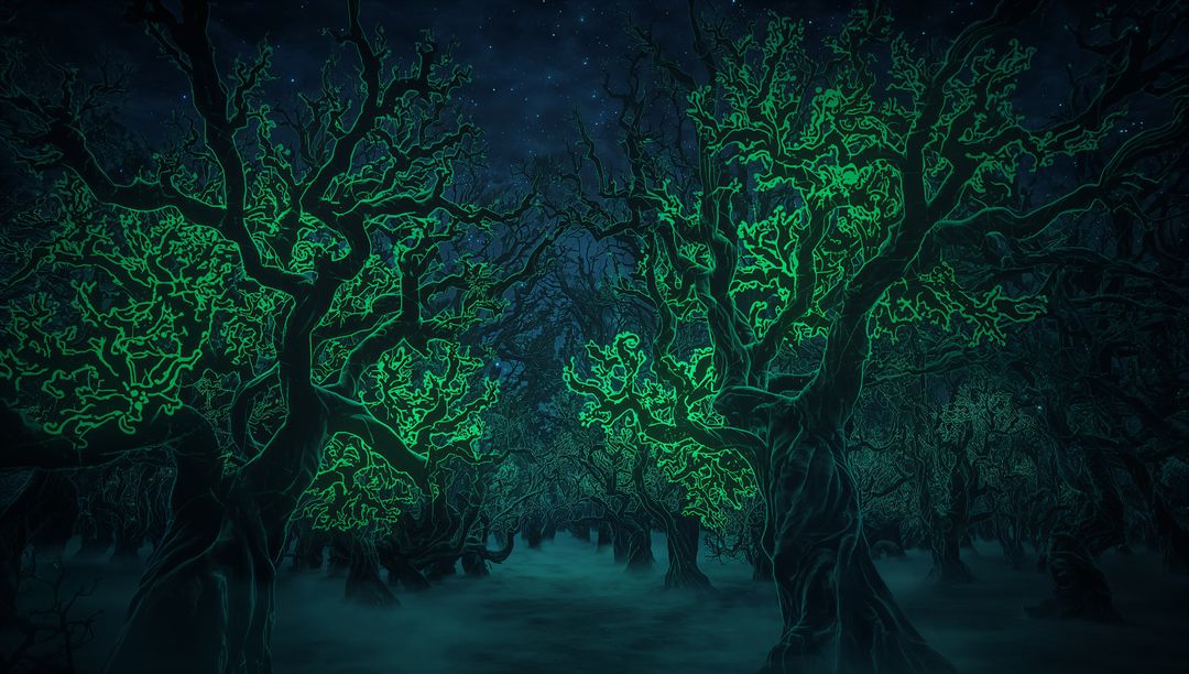 Bioluminescent gnarled trees casting neon green light along misty forest avenue under starry sky