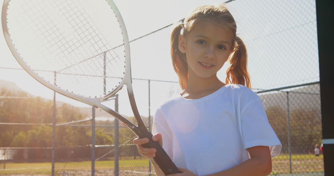 Young Girl Smiling with Tennis Racket on Court - Free Images, Stock Photos and Pictures on Pikwizard.com