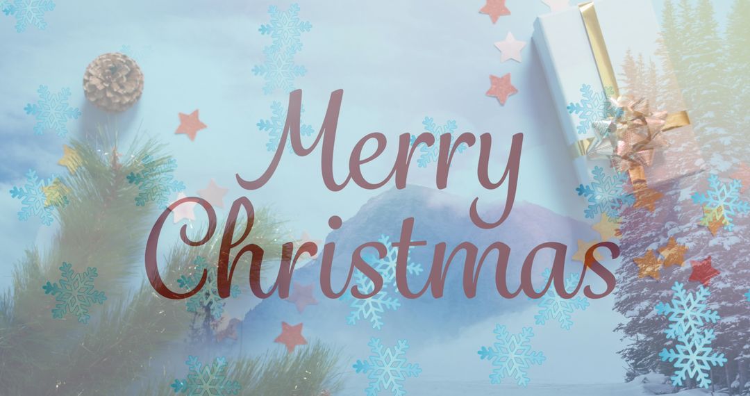 Merry Christmas Text on Winter Background with Snowflakes