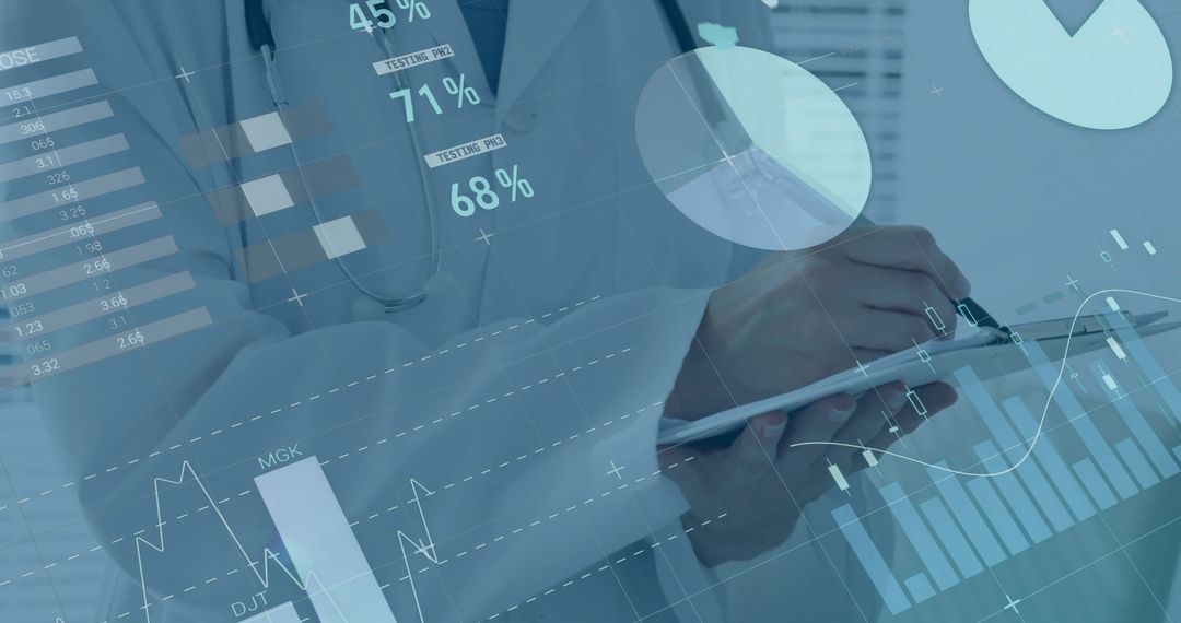 Doctor Writing on Clipboard with Digital Interface