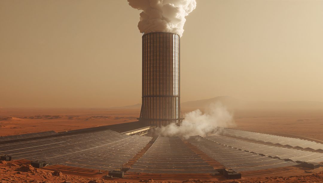 Martian Solar Tower Emitting Steam Radial Thermal Collector Array Red Desert Plain