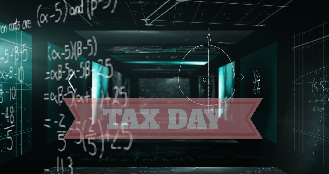 Digital Tax Day Concept with Scientific Formulas in Dark Ambiance