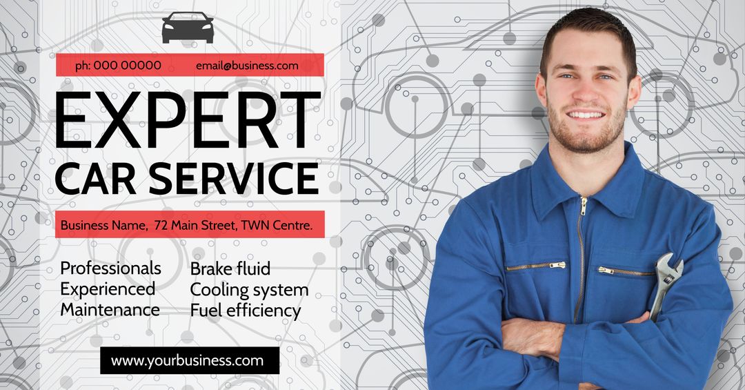Expert Car Service Promotion with Confident Mechanic and Technical Diagrams