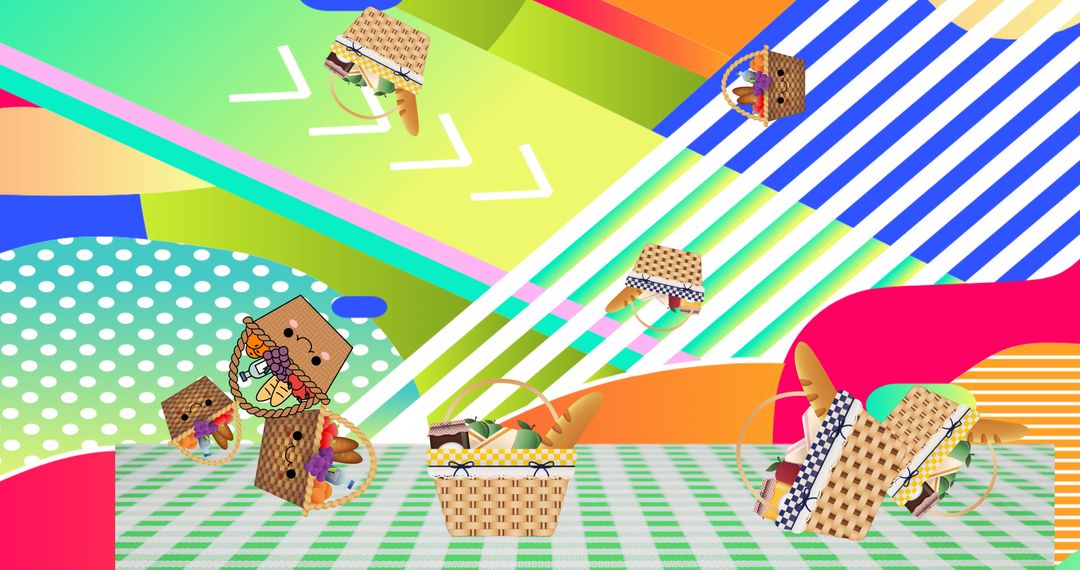 Colorful Picnic Setting with Baskets and Gingham Tablecloth