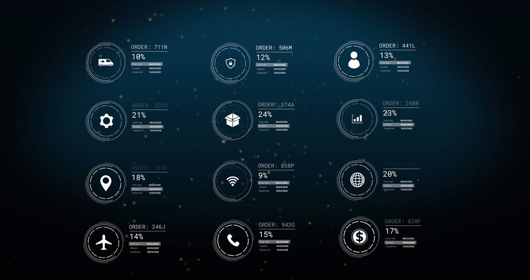 Data Processing Icons on Digital Black Background