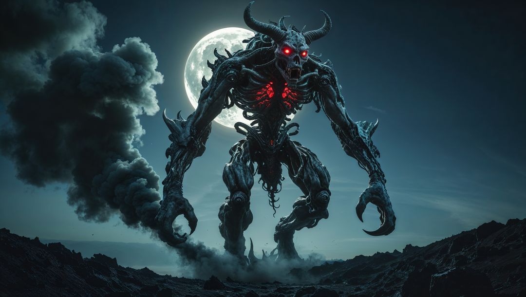 Terrifying demon with glowing eyes under full moon in hell
