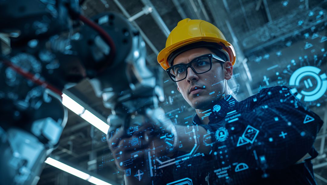 Engineer Inspecting Robotic Arm Using Augmented Reality Interface in Smart Factory